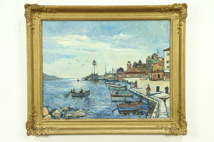 Fishermen in a Harbor, Original Antique Oil Painting, Signed, Scandinavia