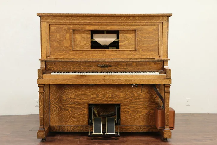 Oak Craftsman Antique Player Piano, Bench, Rolls, Smith & Barnes, Chicago #29992