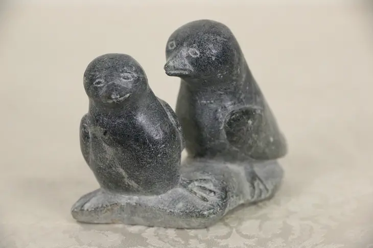 Inuit Hand Carved Soapstone Sculpture, Pair of Arctic Birds