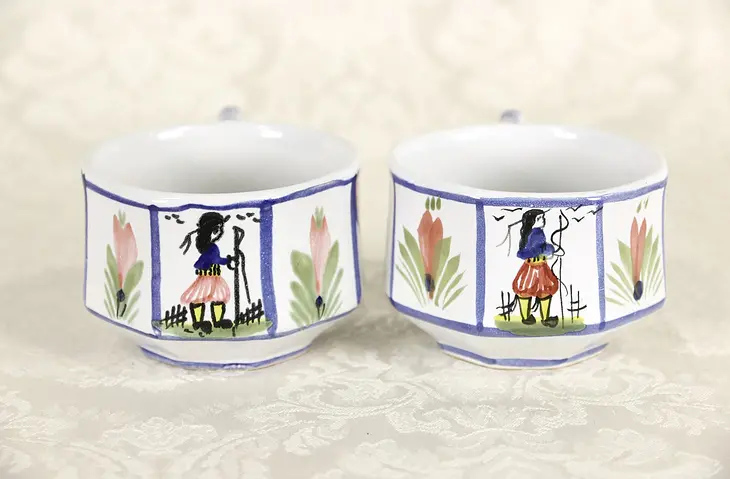 Quimper Set of 2 Coffee Cups, Hand Painted Brittany, France