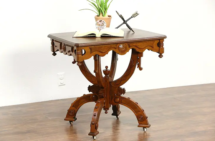 Victorian Eastlake 1880 Antique Carved Walnut Lamp or Parlor Table