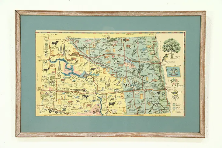 North Dakota Map with Products & Attractions, 1930's Vintage, Oak Frame