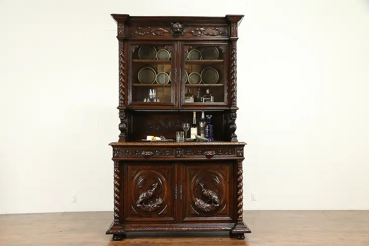 Black Forest Antique Oak China Cabinet or Bookcase, Carved Lions & Birds #31274
