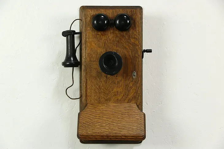 Oak 1900 Antique Wall Telephone, Crank Generator, Later Dial