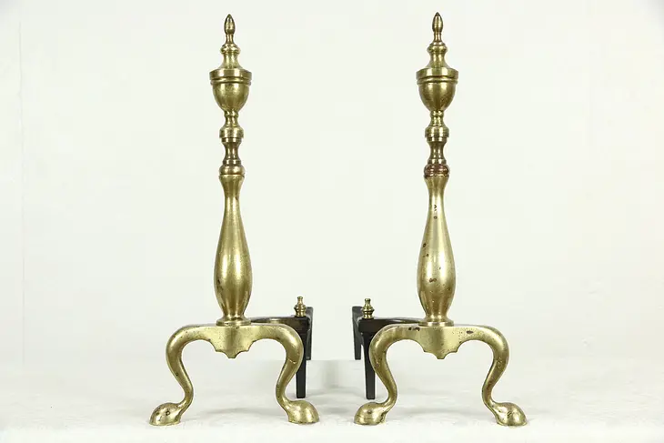 Pair of Brass Traditional Fireplace Andirons, Iron Log Rests
