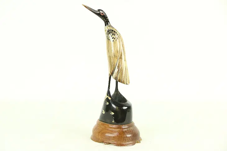 Bird Sculpture, Hand Carved Buffalo Horn, Thailand Folk Art 9" Tall