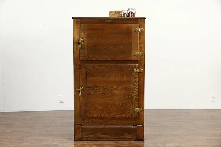 Oak 1910 Antique Kitchen Pantry Ice Box, Signed Rhinelander Refrigerator, WI