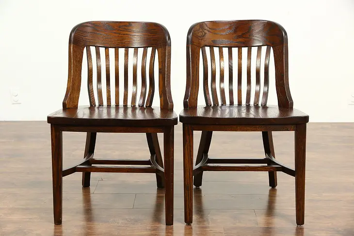 Pair of Oak 1900 Antique Bank or Office Chairs, No Arms