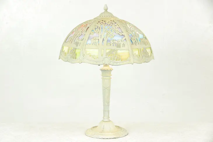 Stained Glass Antique Ivory Lamp, Garden & Pavilion Filigree Scene