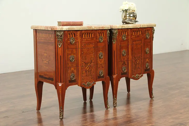 Pair of Small Chests, End Tables or Nightstands, Marquetry & Marble Tops  #29209