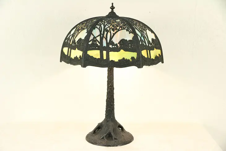 Tree Base Antique Lamp, Stained Glass Tree & Cottage Shade #29718
