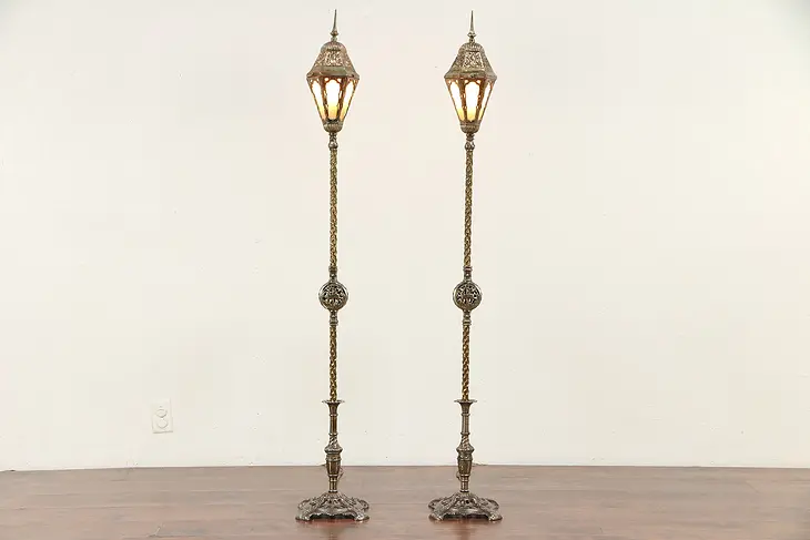 Pair Iron, Brass & Copper Antique Stained Glass Floor Lamps or Lanterns  #29775