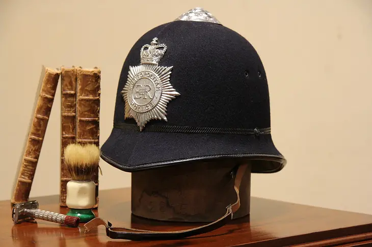 London Metropolitan Police Vintage Bobby Hat & Wood Block Stand