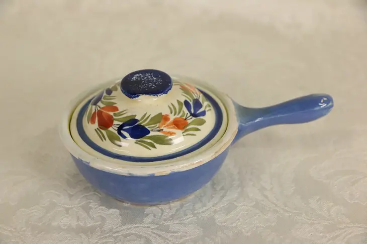 Henriot Quimper Signed Tiny Pan with Cover, Hand Painted Brittany, France