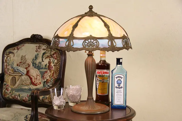 Table Lamp, 1915 Antique, Curved Stained Glass Shade