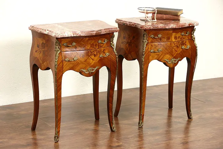 Pair of Marble & Rosewood Marquetry Small Chests, End Tables or Nightstands