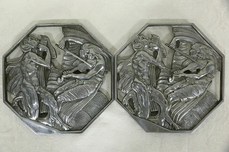 French Art Deco 1925 Pair Nickel Bronze Pan & Flute & Violin Musical Plaques