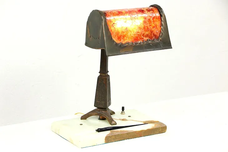 Brady Lite of Detroit 1920 Antique Desk Lamp, Mica Shade, Onyx Base, Magnifier