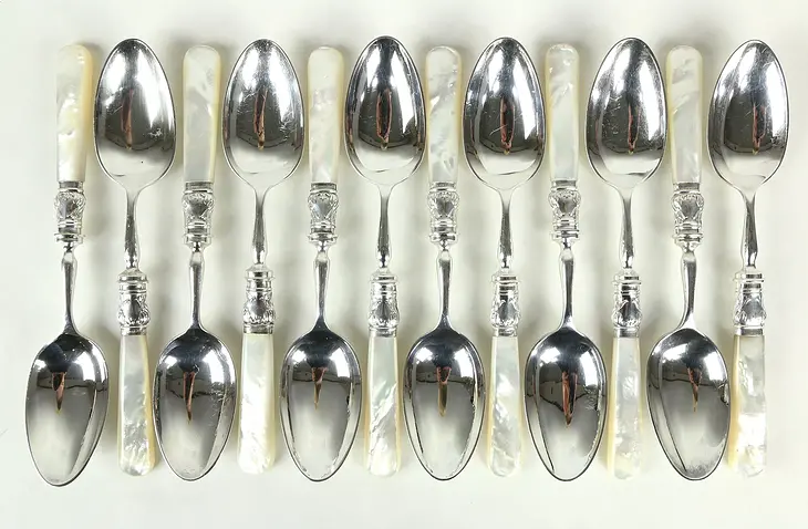 Set of 12 Mother of Pearl & Silverplate Soup, Pasta or Dessert Spoons, England
