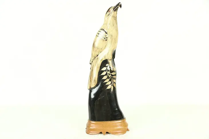 Bird Sculpture, Hand Carved Buffalo Horn, Thailand Folk Art 14 1/2" Tall