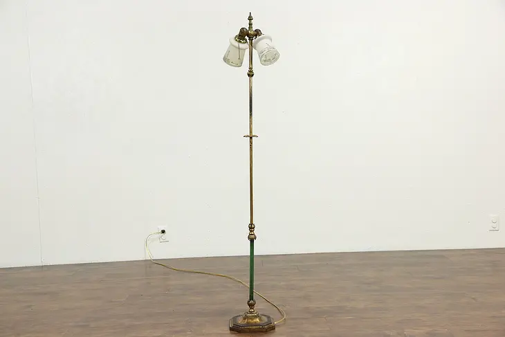 Floor Lamp, 1920 Antique Gold Leaf Base, Hand Painted Glass Shades