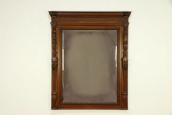 Oak Beveled Antique Belgian Mirror, Carved Lions & Reading Sculptures #30383