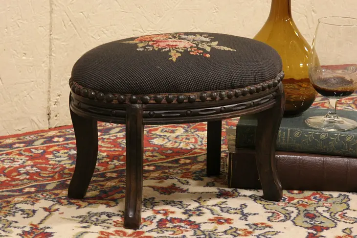 Oval Antique 1890 Roses Needlepoint Footstool