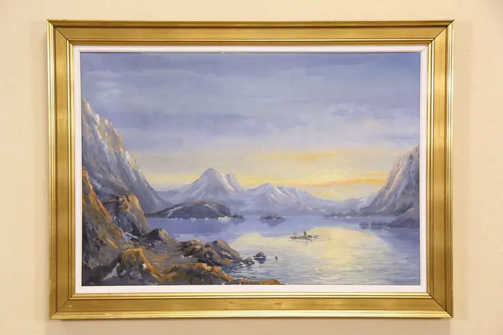 Fjord Sunset & Fishing Boat, Original 1940's Scandinavian Oil Painting, 45" wide