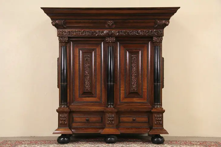 Dutch Hand Carved Kas Dowry Cabinet Armoire, Rosewood & Ebony