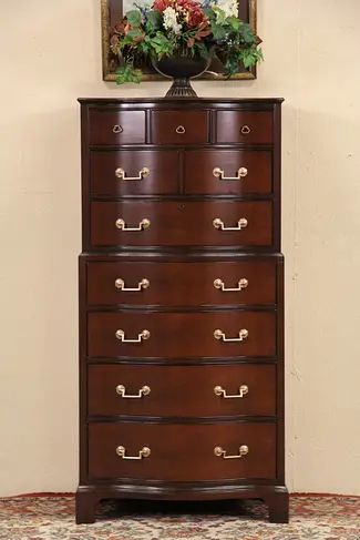 Drexel Signed 1950's Vintage Mahogany Tall Lingerie Chest, Serpentine Front