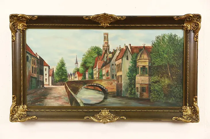 Bruges Belgium Canal Scene, 1920's Original Antique Oil Painting, Signed Gollyn