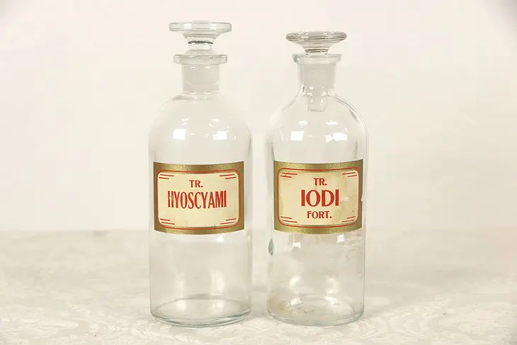 Pair Antique 1900's Apothecary Medical Drug Store Jars, Fitted Stoppers, Signed