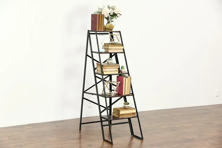 Library Steps or Folding Vintage Ladder, Iron & Mahogany