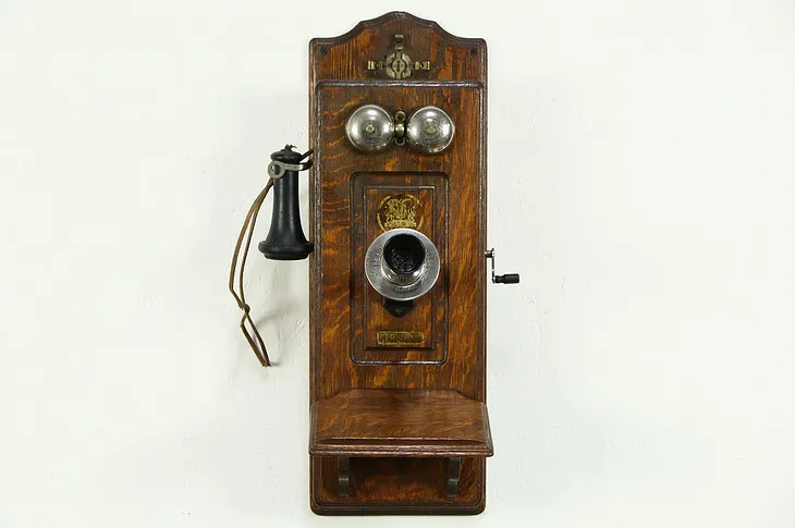 Swedish American Hercules Signed Telephone, Oak 1900's Antique Wall Phone