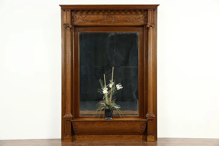 Classical Carved Oak 1900 Antique Hall Mirror, Original Beveled Glass