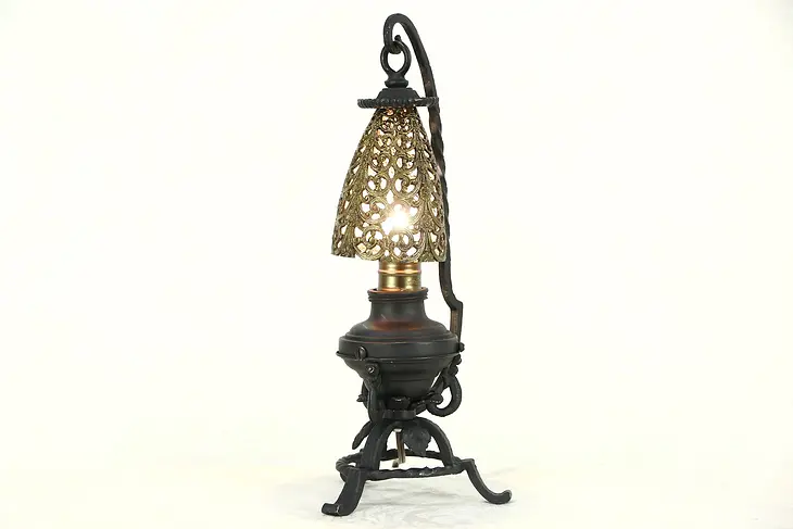Wrought Iron 1900 Antique Lamp, Brass Filigree Shade