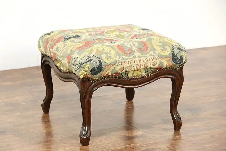 Tapestry Needlepoint 1900 Antique Carved French Fruitwood Foot Stool