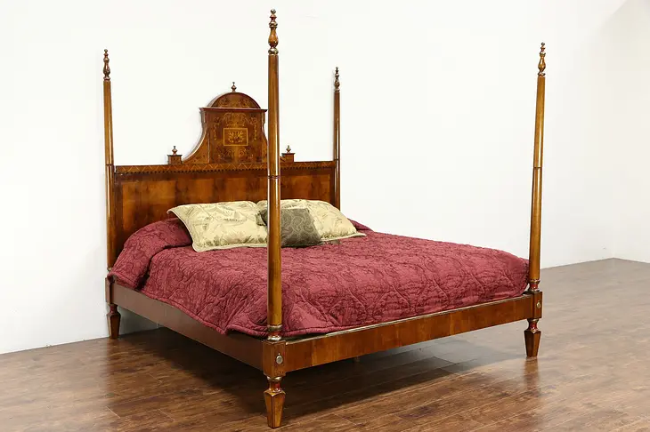 Italian Marquetry Inlaid King Size Vintage Poster Bed, Hand Painted