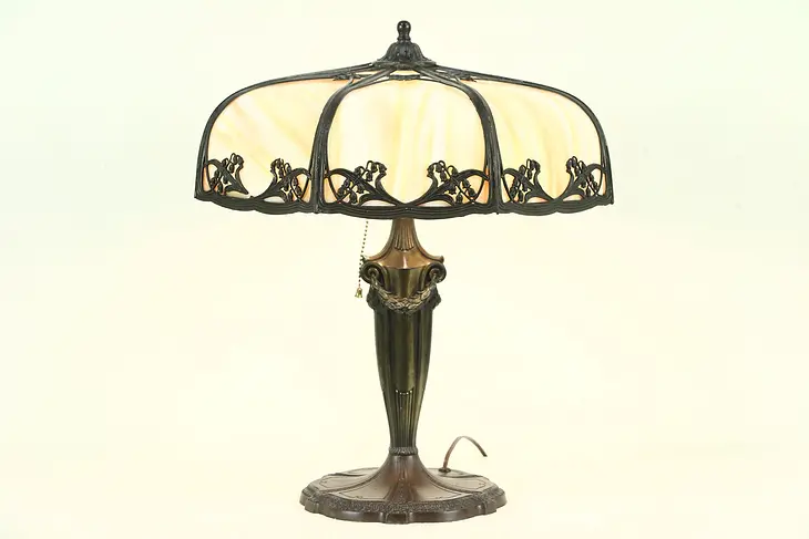 Stained Slag Glass Curved 8 Panel Shade Antique 1920 Lamp