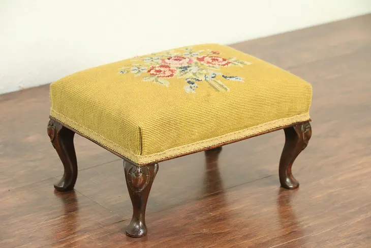 Maple Hand Carved Antique Footstool, Needlepoint #29065