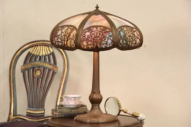 Stained Glass 1915 Antique  Panel Lamp, Filigree Shade