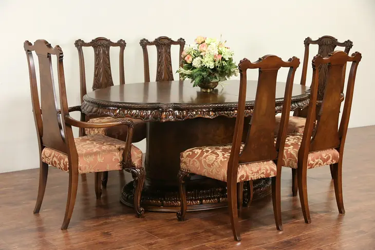 Romweber Louis XV Carved de Gaulle Dining Set, Table, 2 Leaves, 6 Chairs