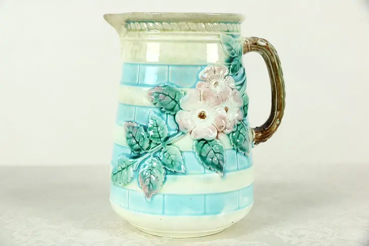 Majolica Hand Painted Pitcher with Flowers, 6" Tall