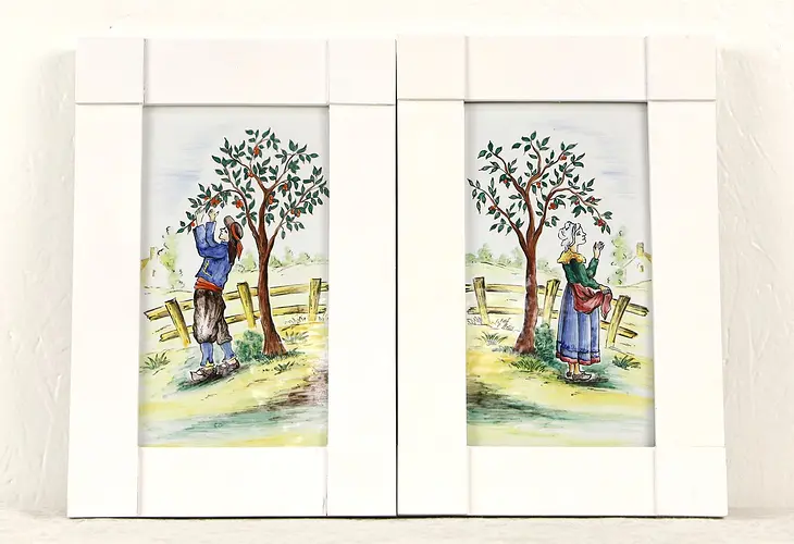 Pair Faience Hand Painted Ceramic Plaques, Fruit Pickers Signed Malicorne France