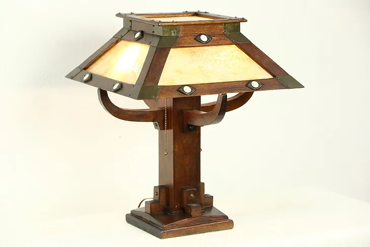 Arts & Crafts Mission Antique Stained Glass Craftsman Lamp, Pearl & Copper