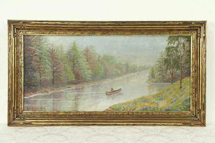 Native American & Canoe, Original Oil Painting, Signed Moorman 1927