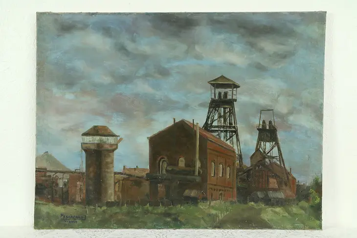 Industrial Scene Original Oil Painting, Signed Paschenko 1950
