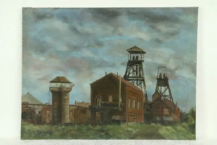 Industrial Scene Original Oil Painting, Signed Paschenko 1950