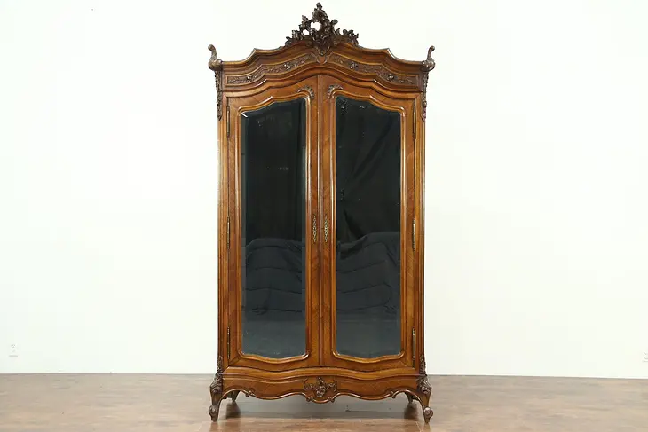 French Antique Carved Walnut Armoire, Beveled Mirror Doors #28804