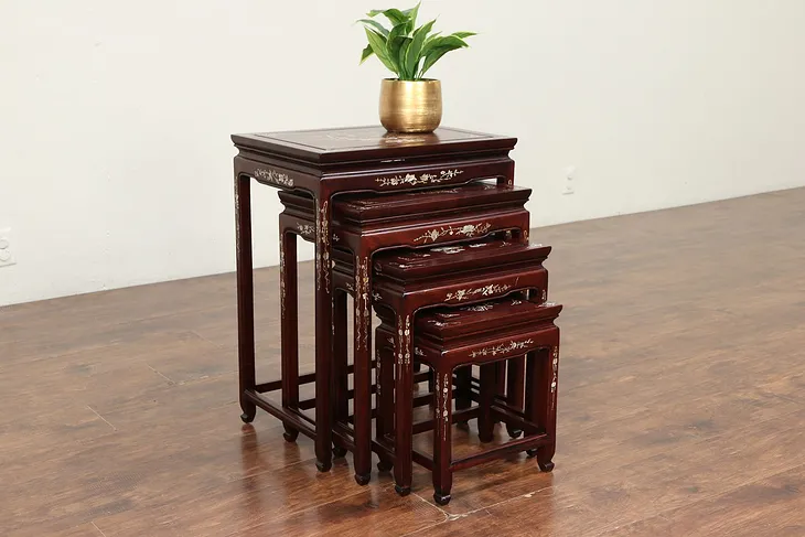 Set of 4 Vintage Rosewood & Inlaid Pearl Chinese Nesting Tables  #29853
